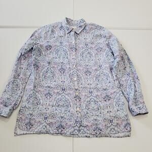 J Jill Love Linen Essential Shirt Womens XS Purple Blue Paisley Button Up Top
